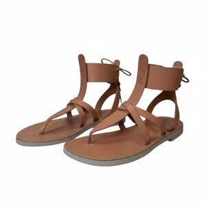 Free People Leather Gladiator Sandals Ankle Wrap Tie Flat Tan Size EU 36 US 6